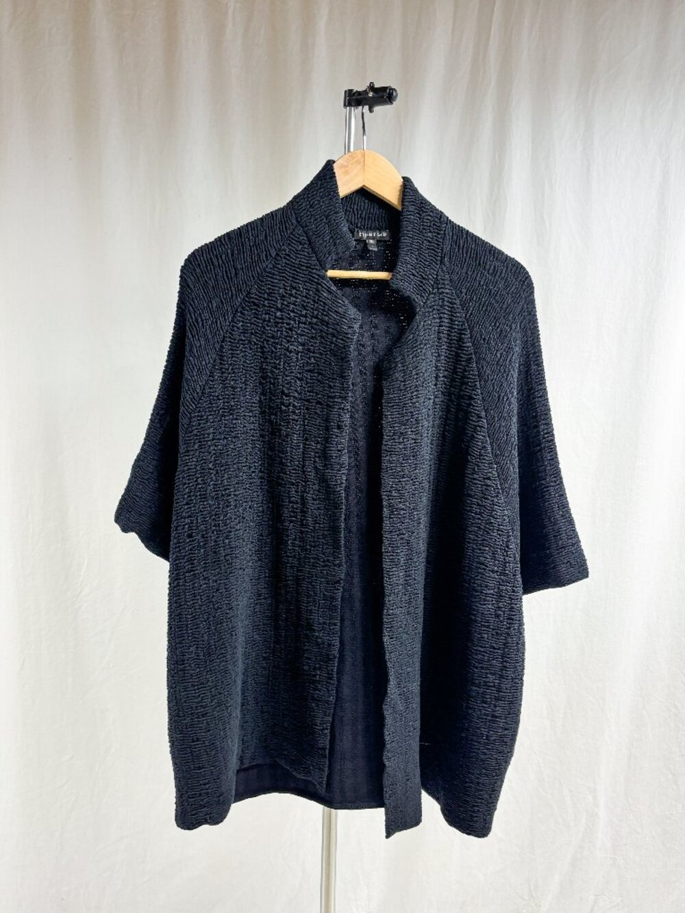Eileen Fisher Black Short Sleeve Textured Silk Blend Cardigan